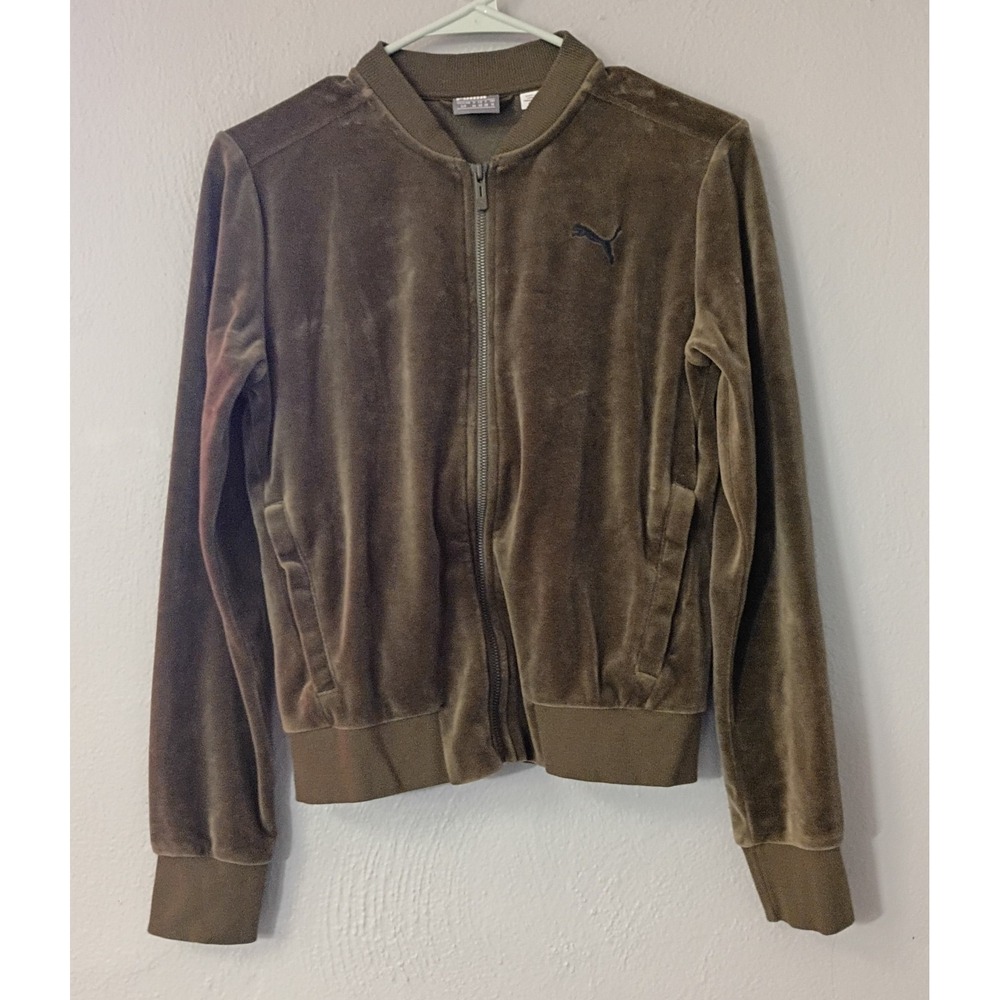 Puma Jacket Womens Small Petite Green Velour Full Zip‎ Pocket Logo Ladies PUMA